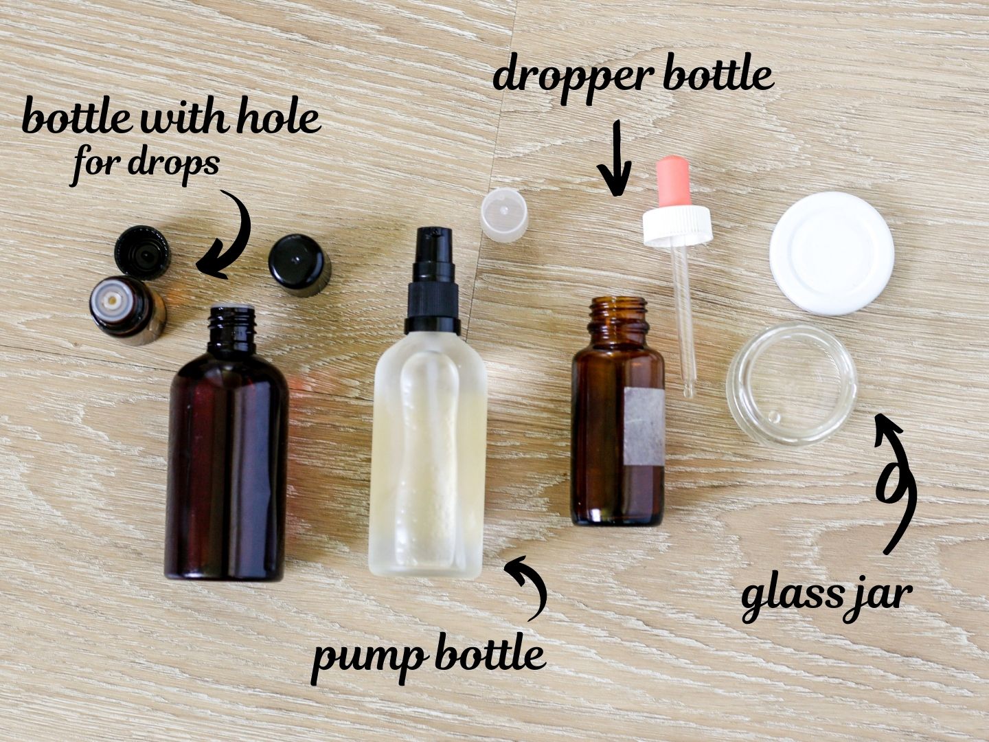 A small plastic bottle, pump bottle, dropper bottle and glass jar to store the DIY face serum in